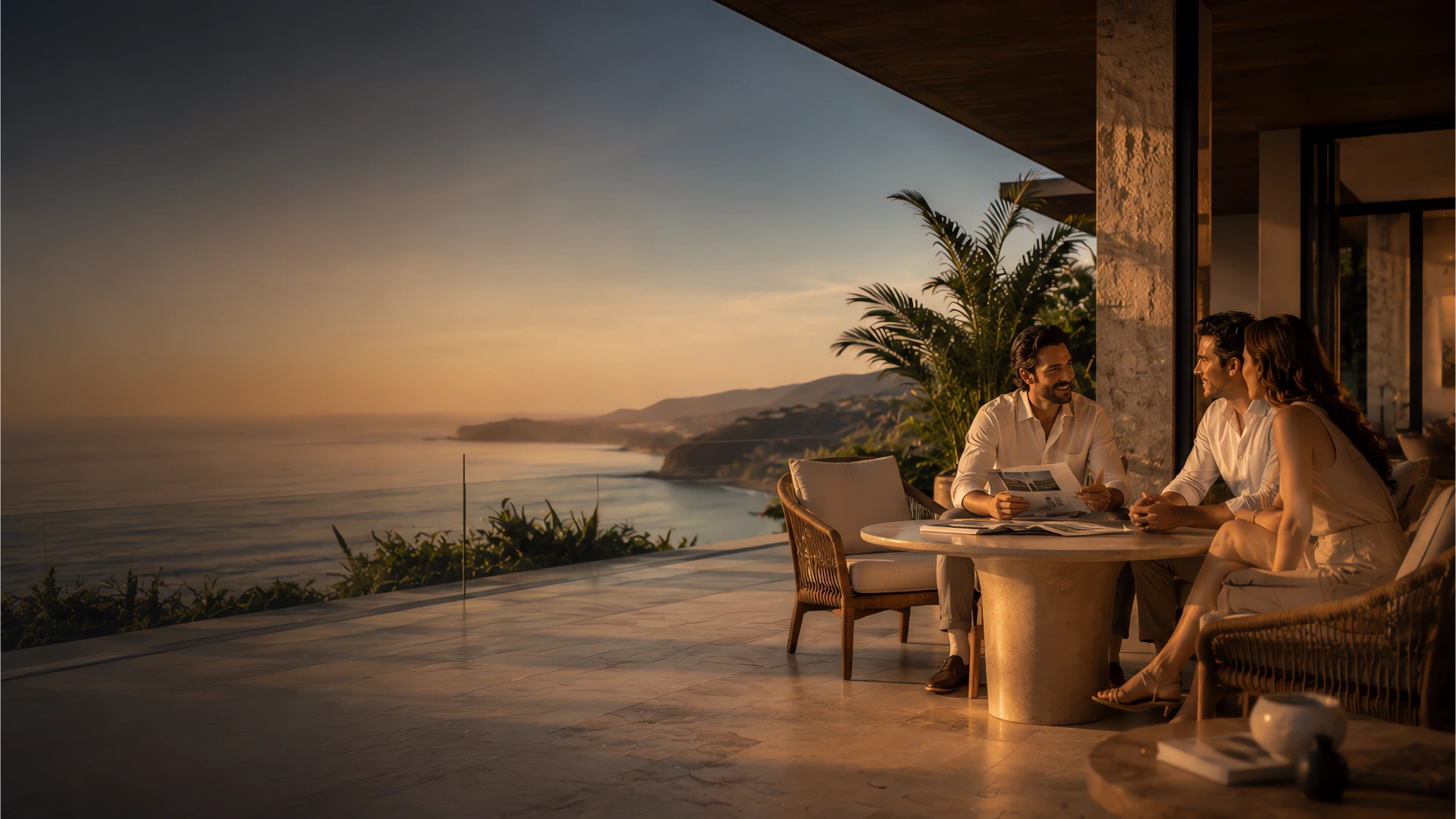 Asesor inmobiliario conversando con una pareja en una terraza premium con vista costera en el Pacífico mexicano