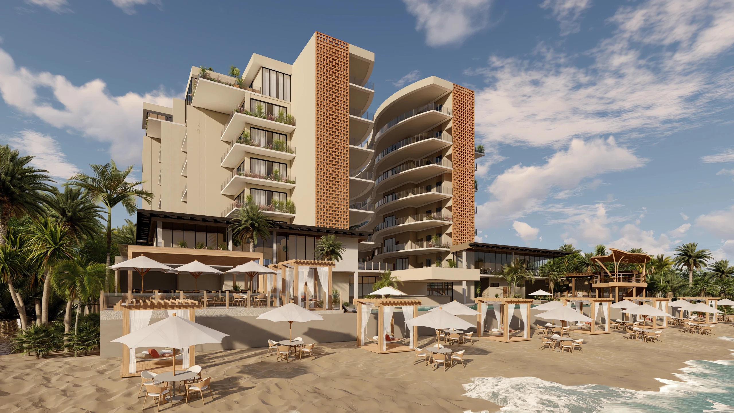 Render exterior de Balam Resort frente a la Bahía de Matanchén en San Blas, Nayarit