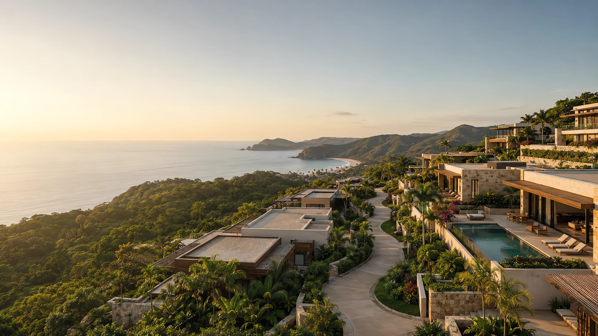Vista panorámica de desarrollos residenciales premium frente al Pacífico mexicano en Riviera Nayarit