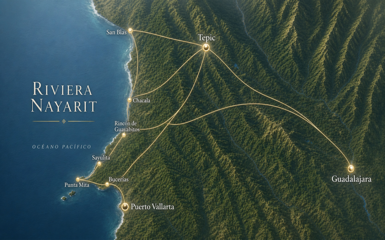 Mapa territorial de Riviera Nayarit con conexión hacia Tepic, Guadalajara y Puerto Vallarta